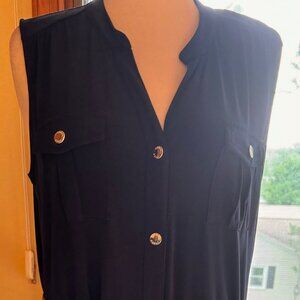 Michael Michael Kors Navy Sleeveless Snap Front Belted Polyester Blend Dress, L